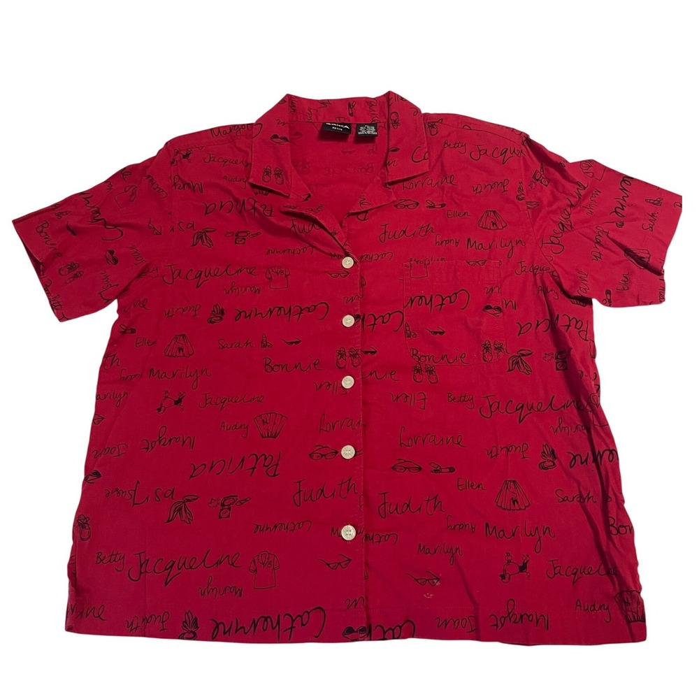 Vintage Erika Red Button Womens Petite LG Feminist Graphic Short Sleeve Shirt